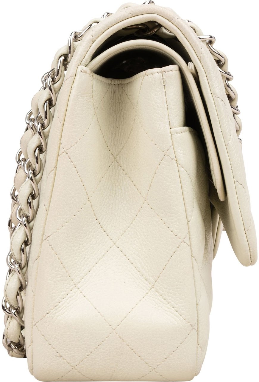 Chanel Quilted Caviar Leather Palladium Jumbo Double Flap Crossbody Bag Beige