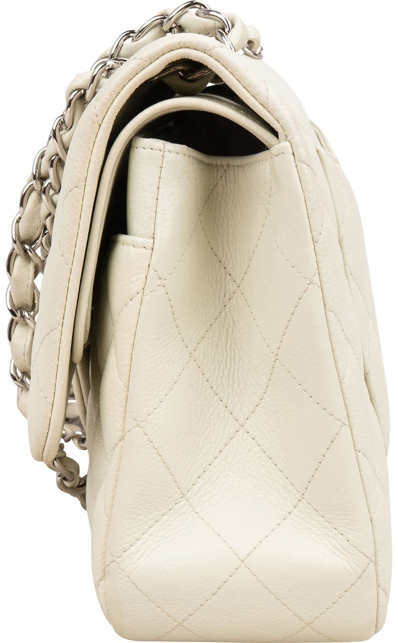 Chanel Quilted Caviar Leather Palladium Jumbo Double Flap Crossbody Bag Beige