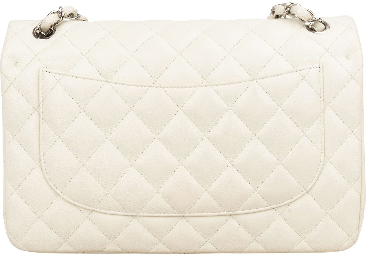 Chanel Quilted Caviar Leather Palladium Jumbo Double Flap Crossbody Bag Beige