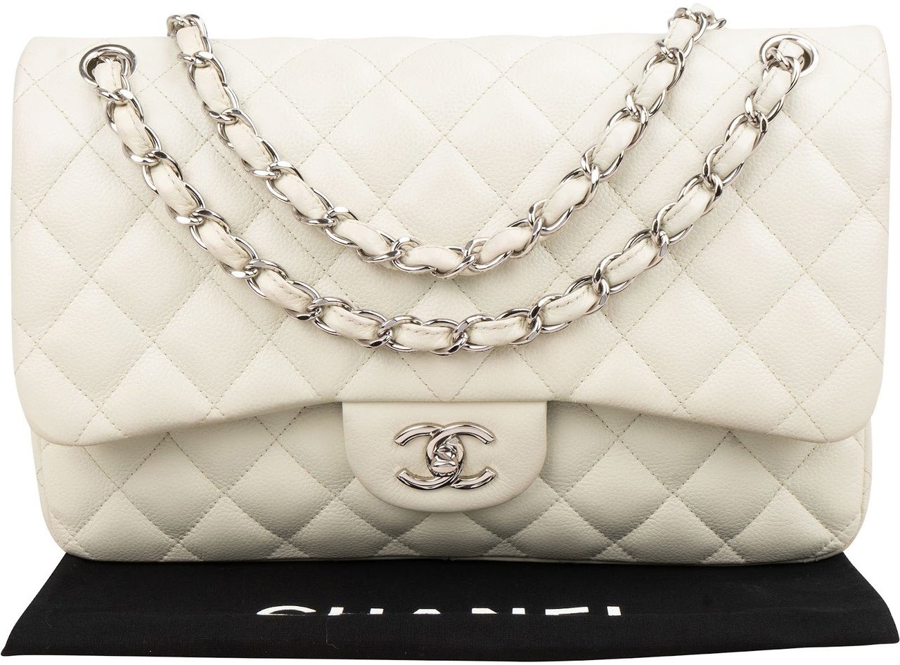 Chanel Quilted Caviar Leather Palladium Jumbo Double Flap Crossbody Bag Beige