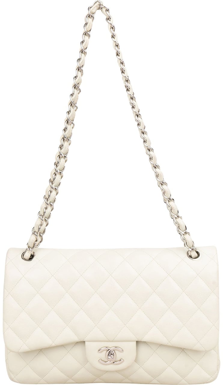 Chanel Quilted Caviar Leather Palladium Jumbo Double Flap Crossbody Bag Beige