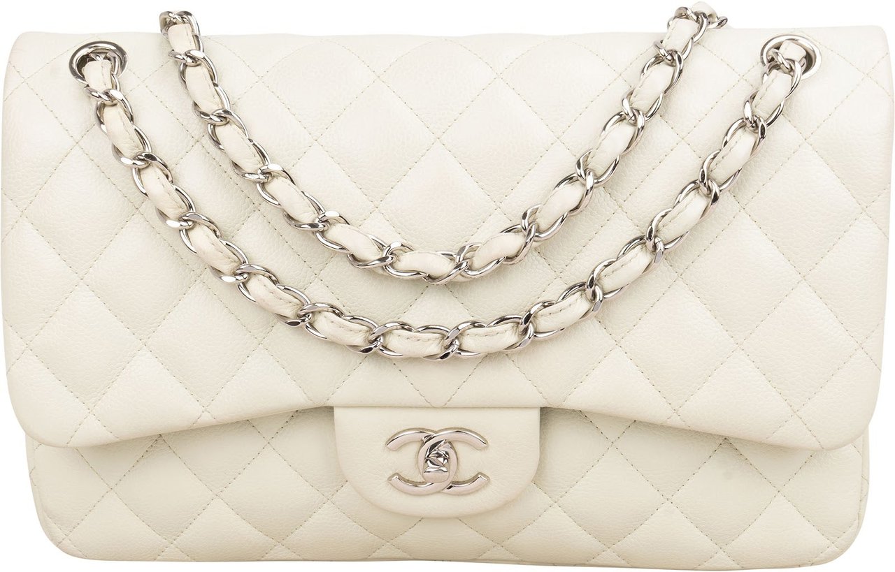 Chanel Quilted Caviar Leather Palladium Jumbo Double Flap Crossbody Bag Beige