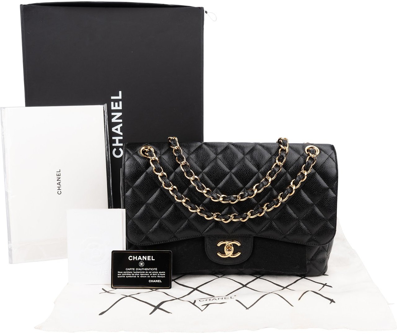 Chanel Caviar Leather Palladium Jumbo Double Flap Crossbody Bag Zwart