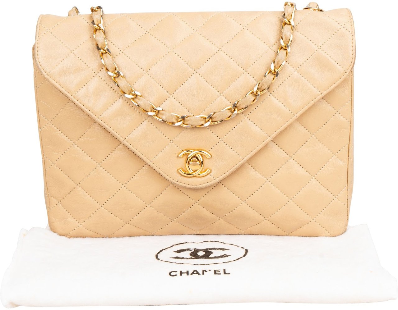 Chanel Quilted Lambskin 24K Gold Single Flap Shoulder Bag Beige