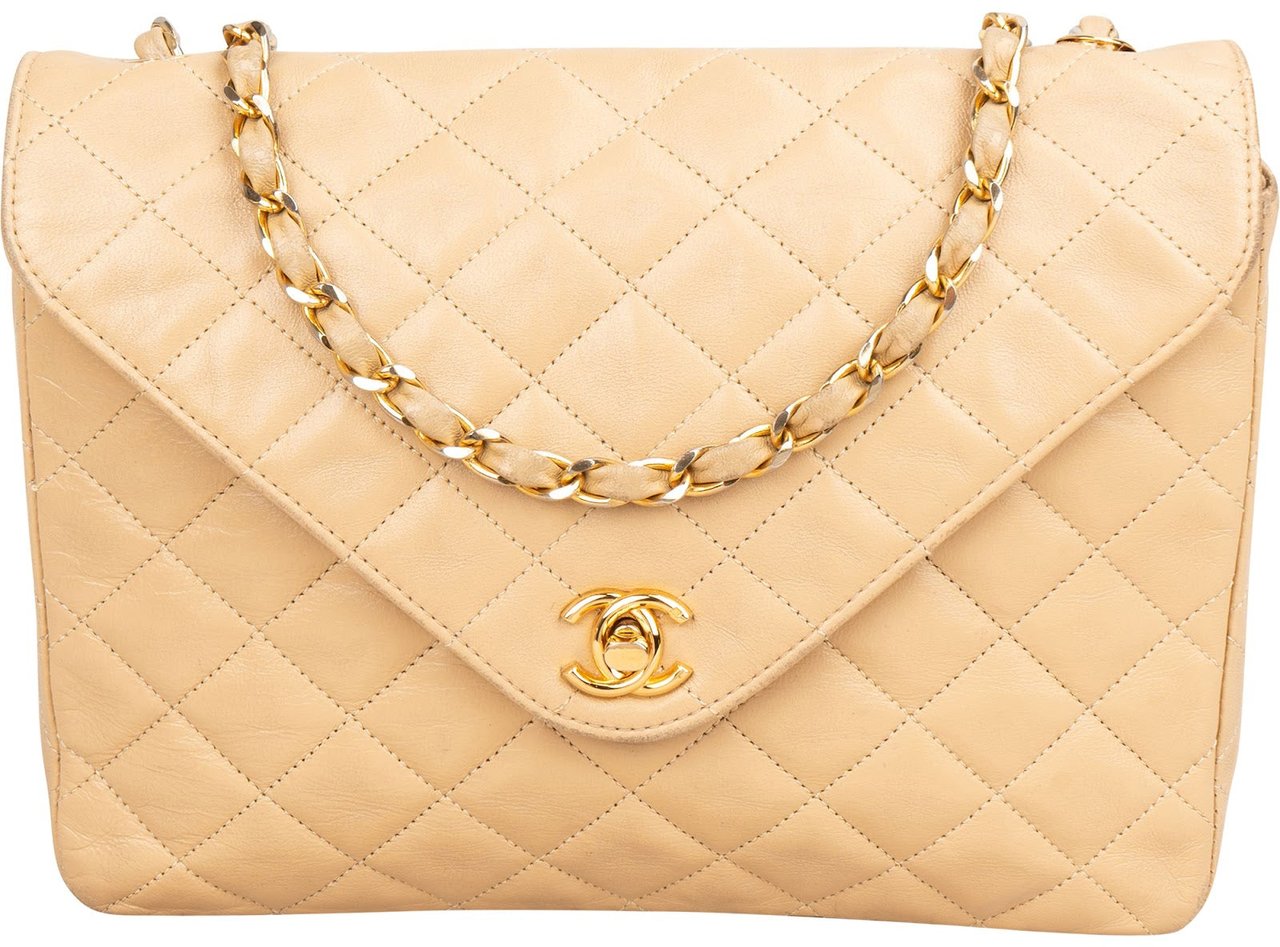 Chanel Quilted Lambskin 24K Gold Single Flap Shoulder Bag Beige