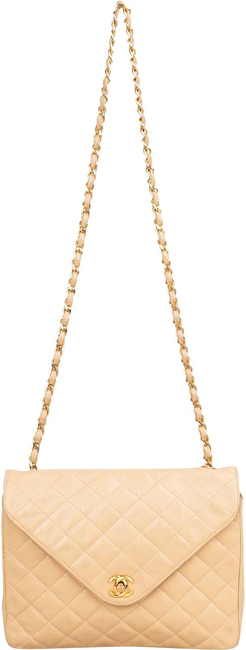 Chanel Quilted Lambskin 24K Gold Single Flap Shoulder Bag Beige