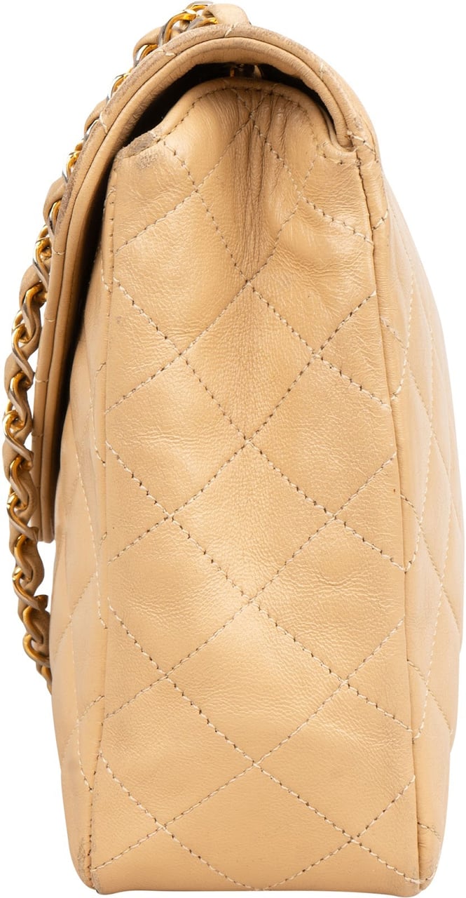 Chanel Quilted Lambskin 24K Gold Single Flap Shoulder Bag Beige
