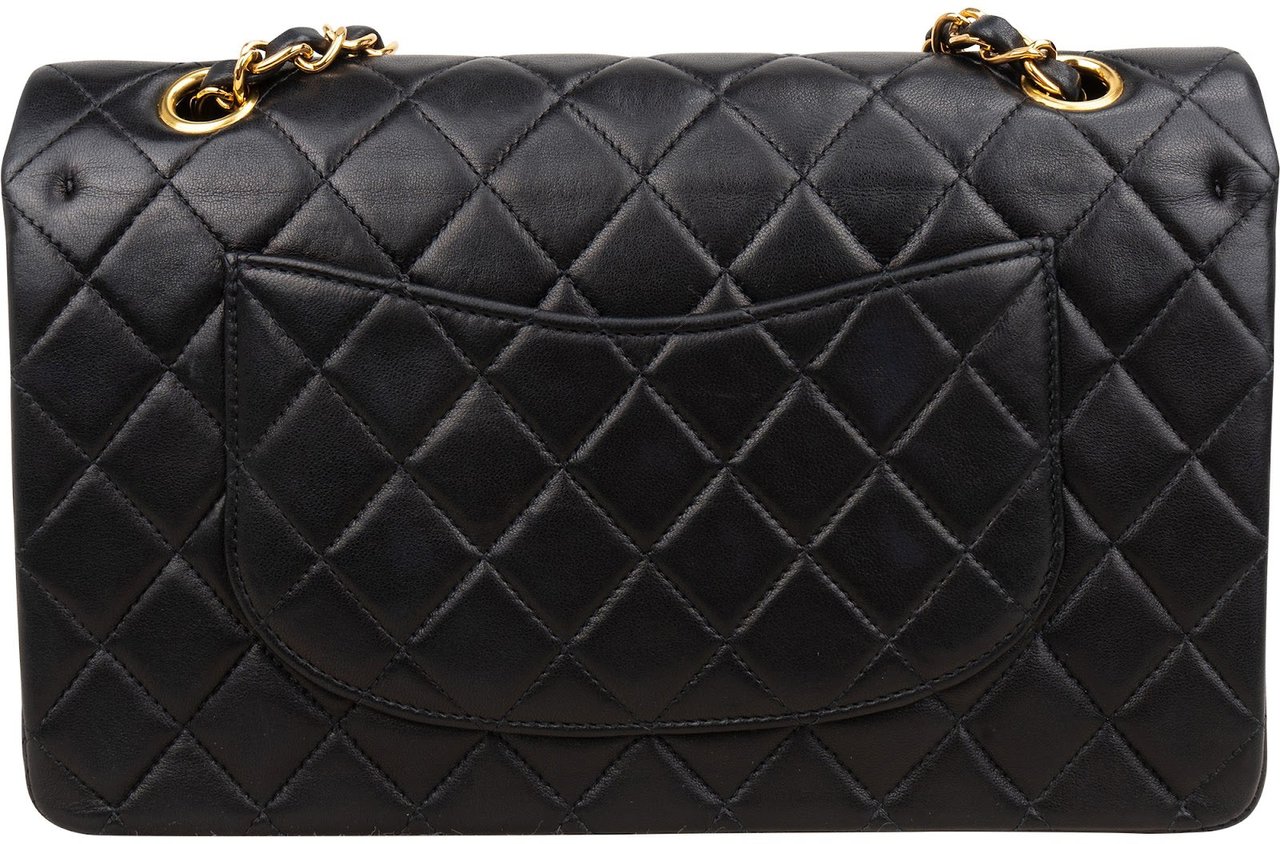 Chanel Quilted Lambskin Medium 24K Gold Double Flap Shoulder Bag Zwart