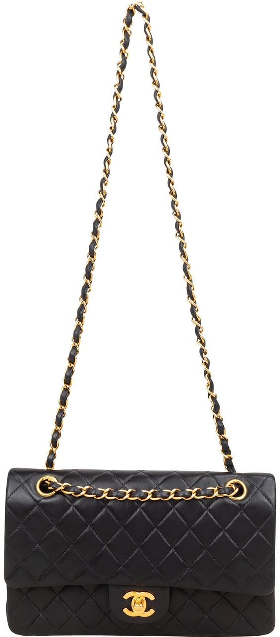 Chanel Quilted Lambskin Medium 24K Gold Double Flap Shoulder Bag Zwart