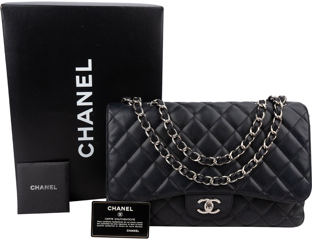 Chanel Quilted Caviar Leather Palladium Jumbo Single Flap Crossbody Bag Zwart