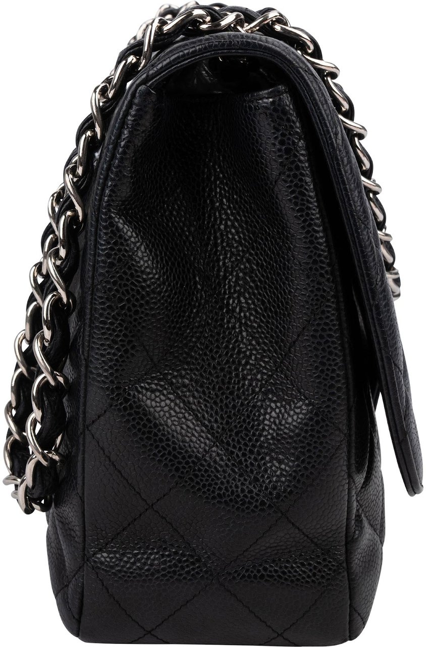 Chanel Quilted Caviar Leather Palladium Jumbo Single Flap Crossbody Bag Zwart