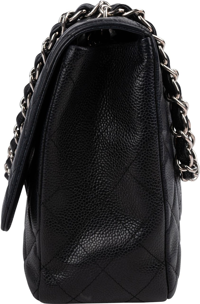 Chanel Quilted Caviar Leather Palladium Jumbo Single Flap Crossbody Bag Zwart