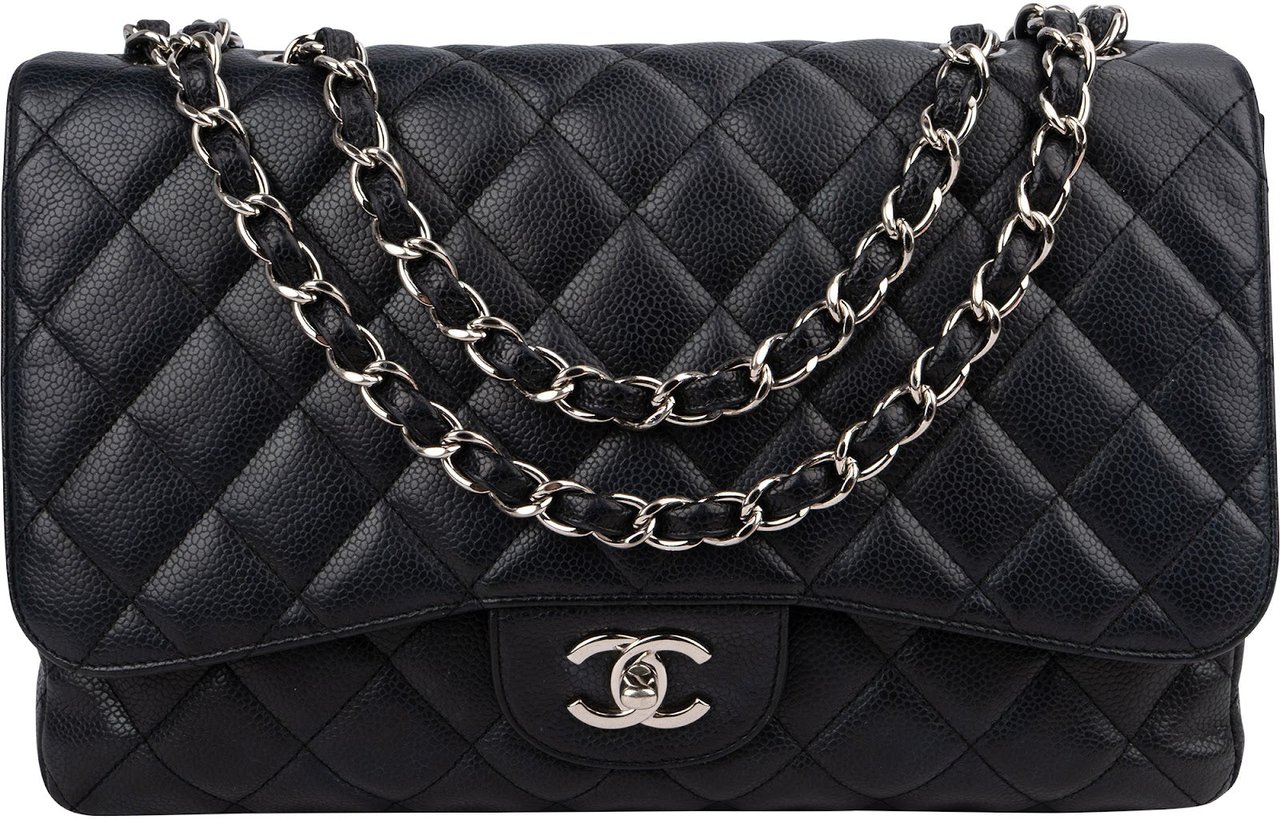 Chanel Quilted Caviar Leather Palladium Jumbo Single Flap Crossbody Bag Zwart