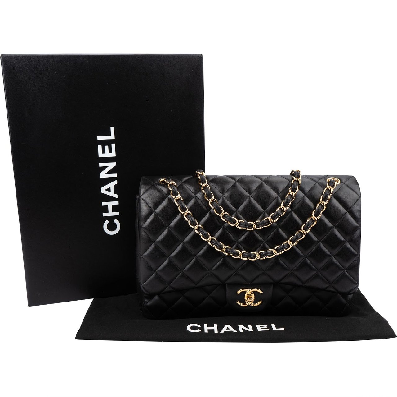 Chanel Quilted Lambskin Maxi Double Flap Crossbody Bag Zwart