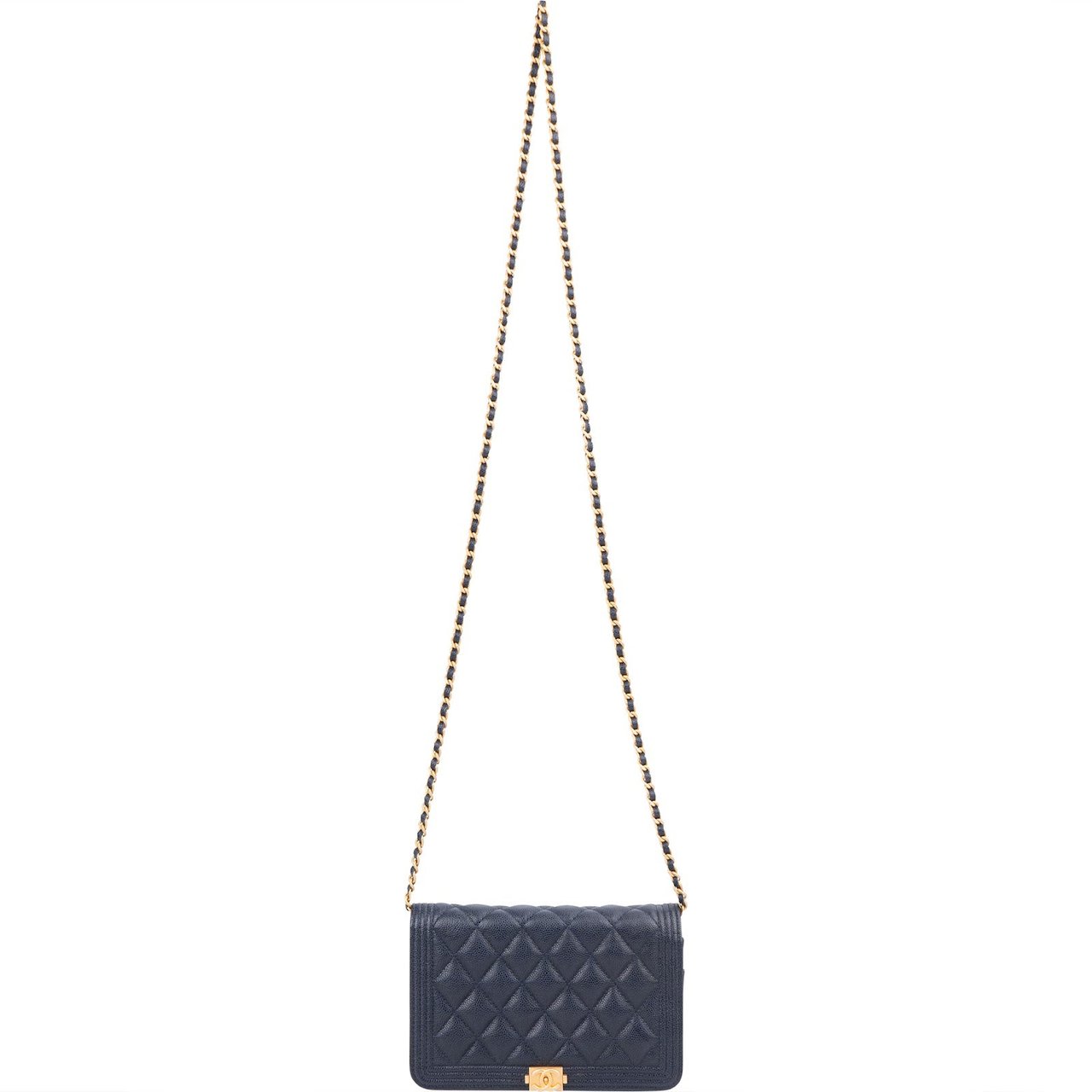 Chanel Quilted Caviar Leather Boy Wallet On Chain Crossbody Bag Navy