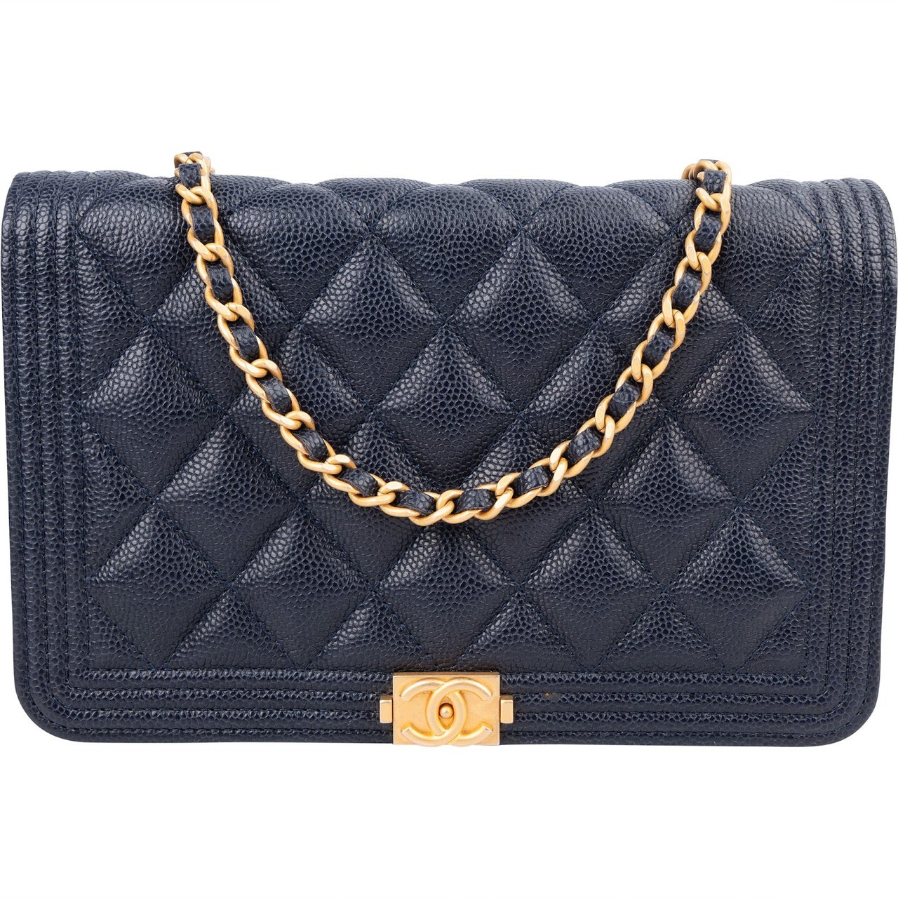 Chanel Quilted Caviar Leather Boy Wallet On Chain Crossbody Bag Navy