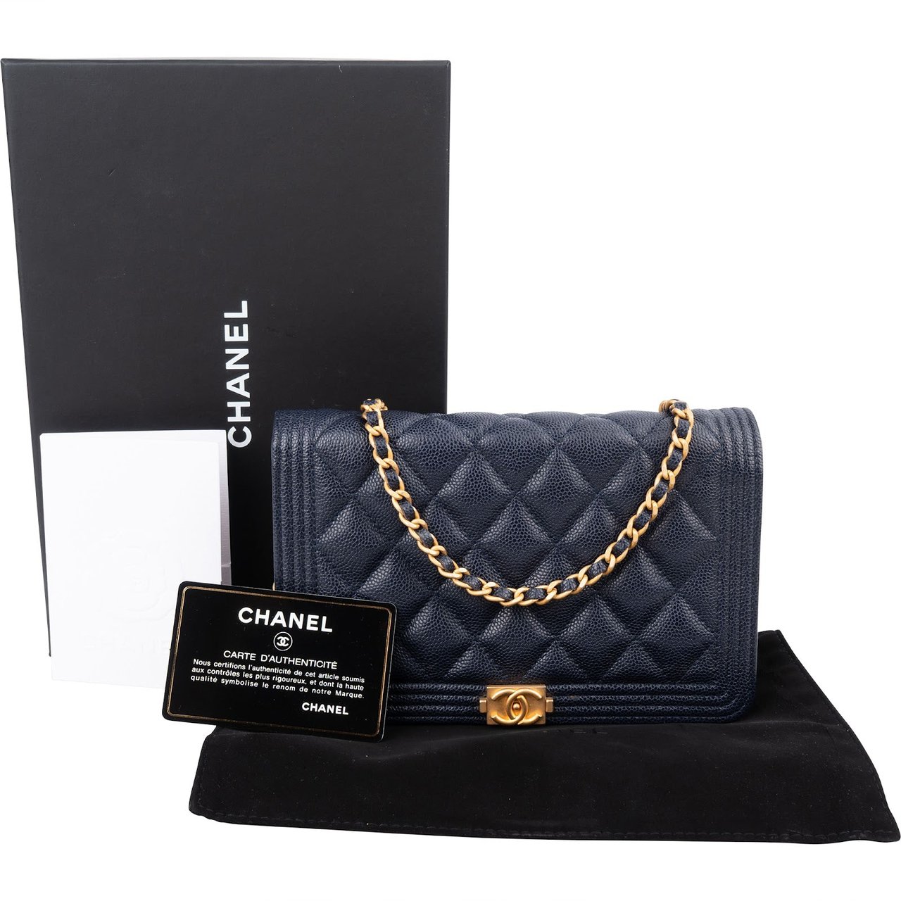 Chanel Quilted Caviar Leather Boy Wallet On Chain Crossbody Bag Navy