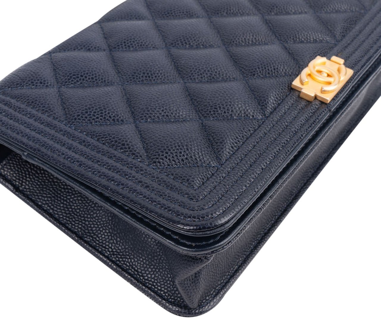 Chanel Quilted Caviar Leather Boy Wallet On Chain Crossbody Bag Navy