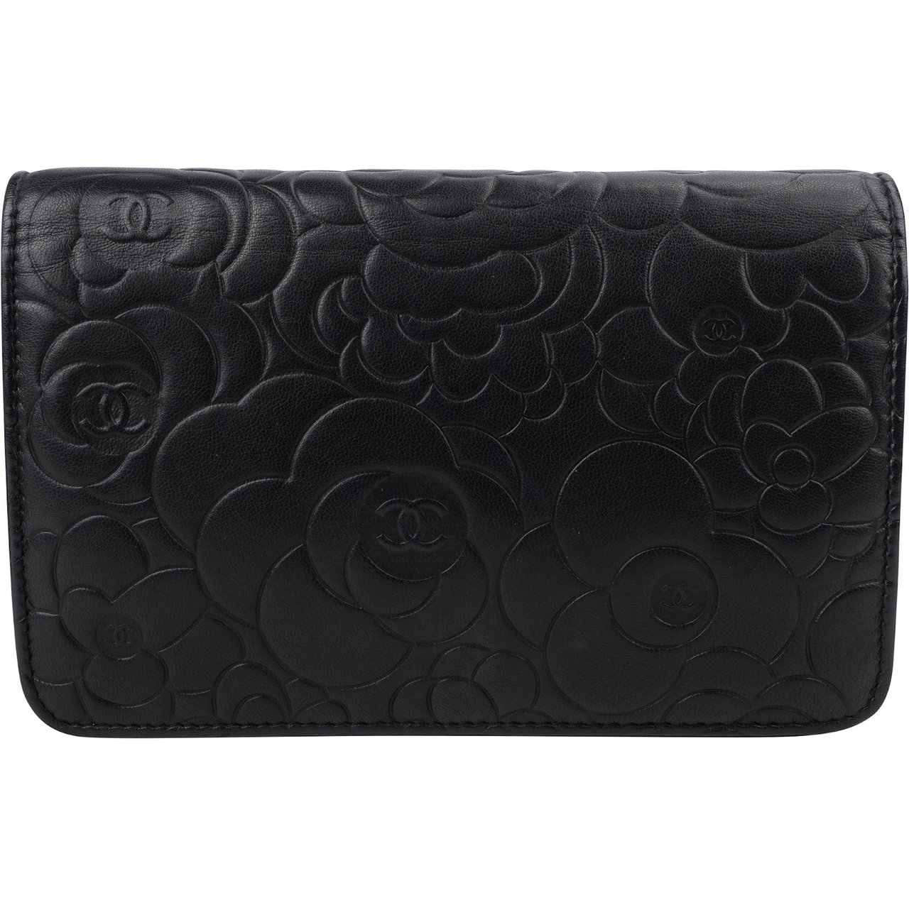 Chanel Camellia Embossed Lambskin Wallet on Chain Crossbody Bag Zwart