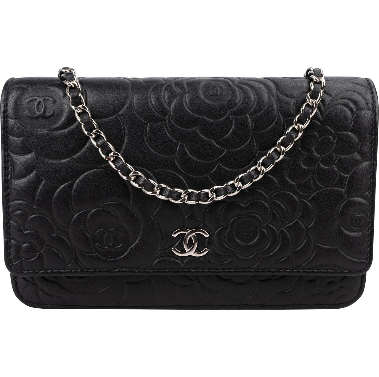 Chanel Camellia Embossed Lambskin Wallet on Chain Crossbody Bag Zwart