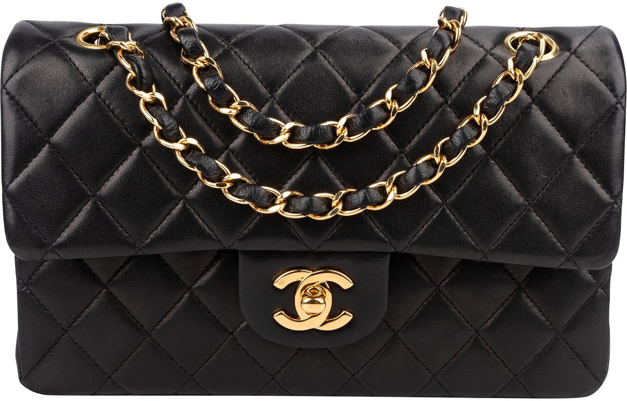Chanel Quilted Lambskin 24K Gold Small Double Flap Shoulder Bag Zwart
