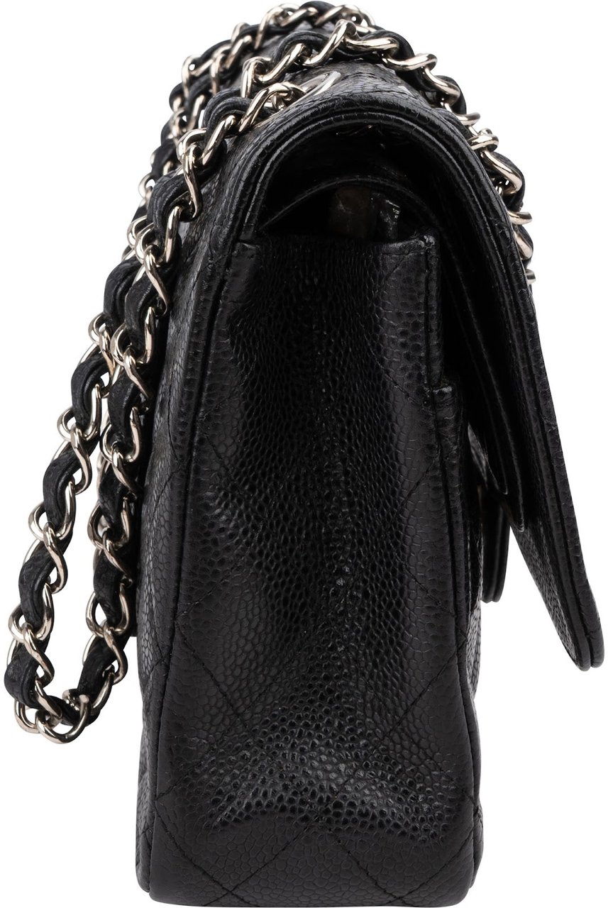 Chanel Quilted Caviar Leather Palladium Medium Double Flap Shoulder Bag Zwart