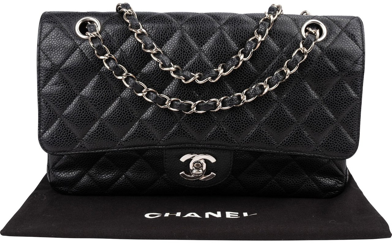Chanel Quilted Caviar Leather Palladium Medium Double Flap Shoulder Bag Zwart