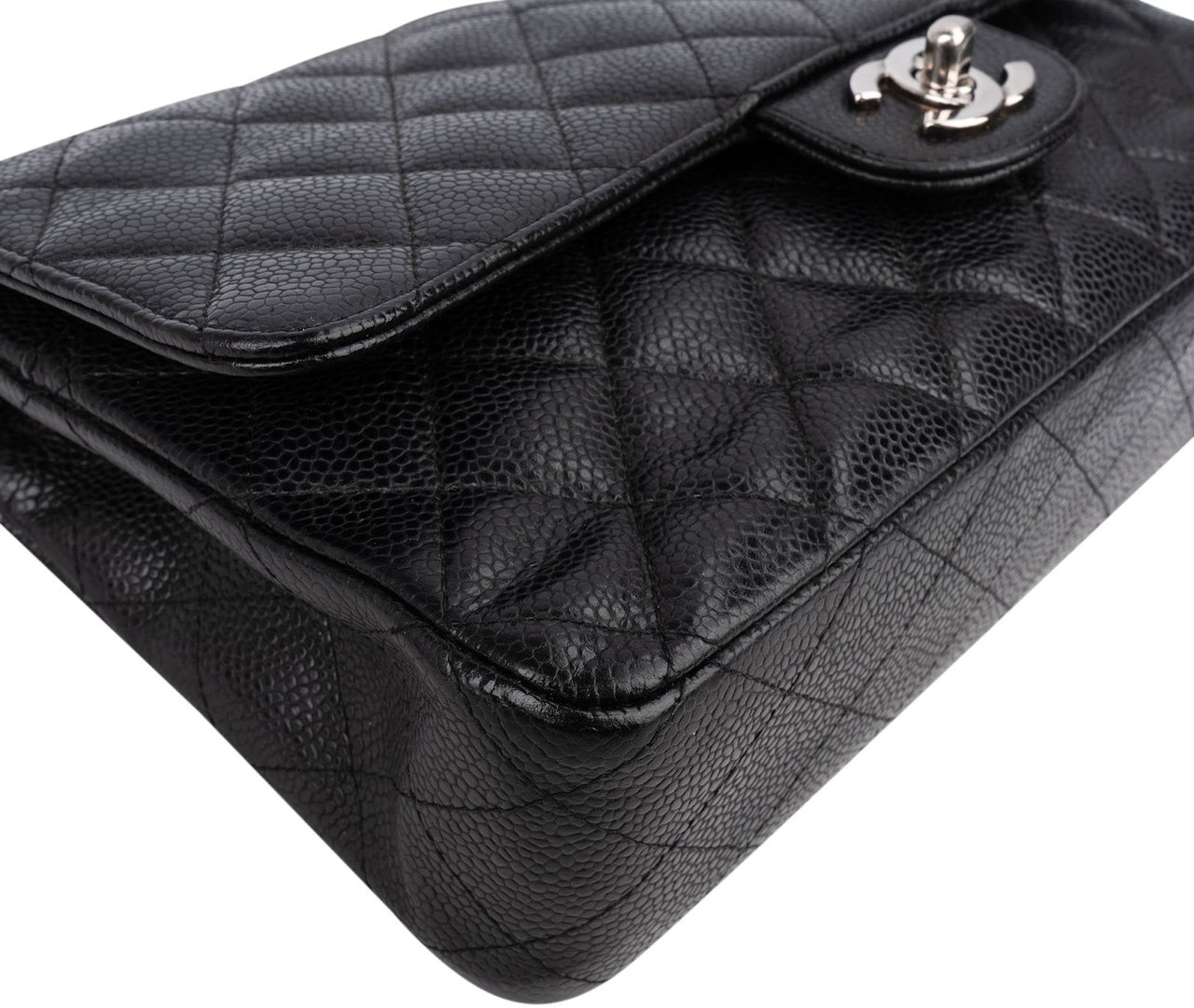 Chanel Quilted Caviar Leather Palladium Medium Double Flap Shoulder Bag Zwart