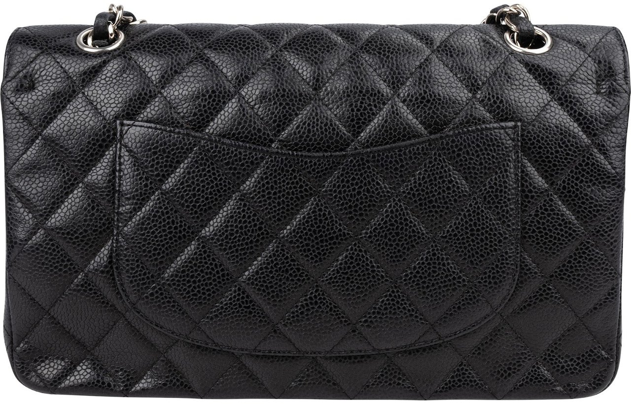 Chanel Quilted Caviar Leather Palladium Medium Double Flap Shoulder Bag Zwart
