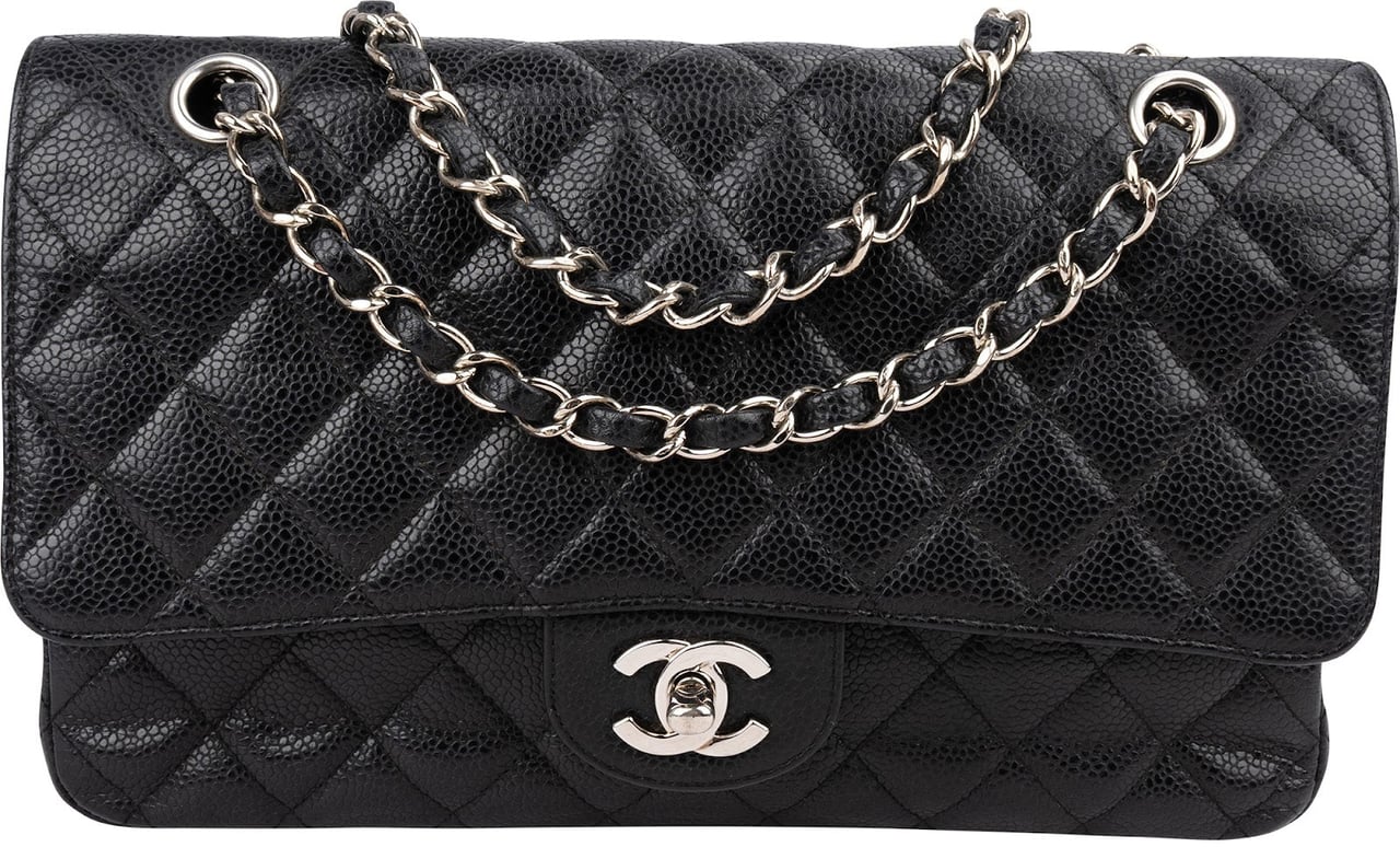 Chanel Quilted Caviar Leather Palladium Medium Double Flap Shoulder Bag Zwart
