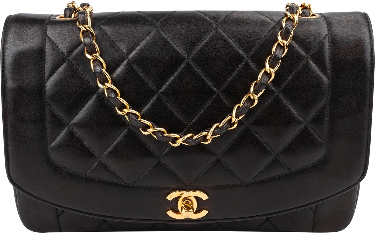 Chanel Quilted Lambskin 24K Gold Medium Diana Single Flap Crossbody Bag Zwart