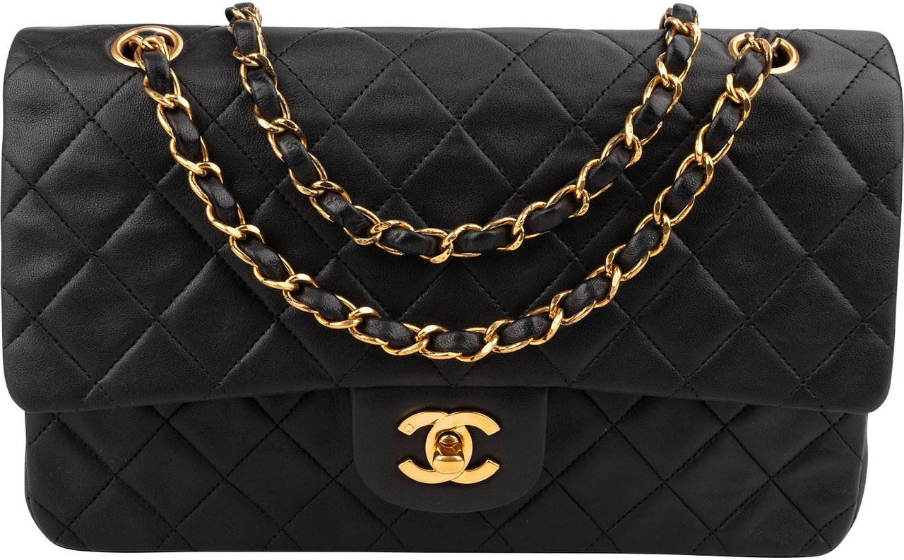 Chanel Quilted Lambskin 24K Gold Medium Double Flap Shoulder Bag Zwart