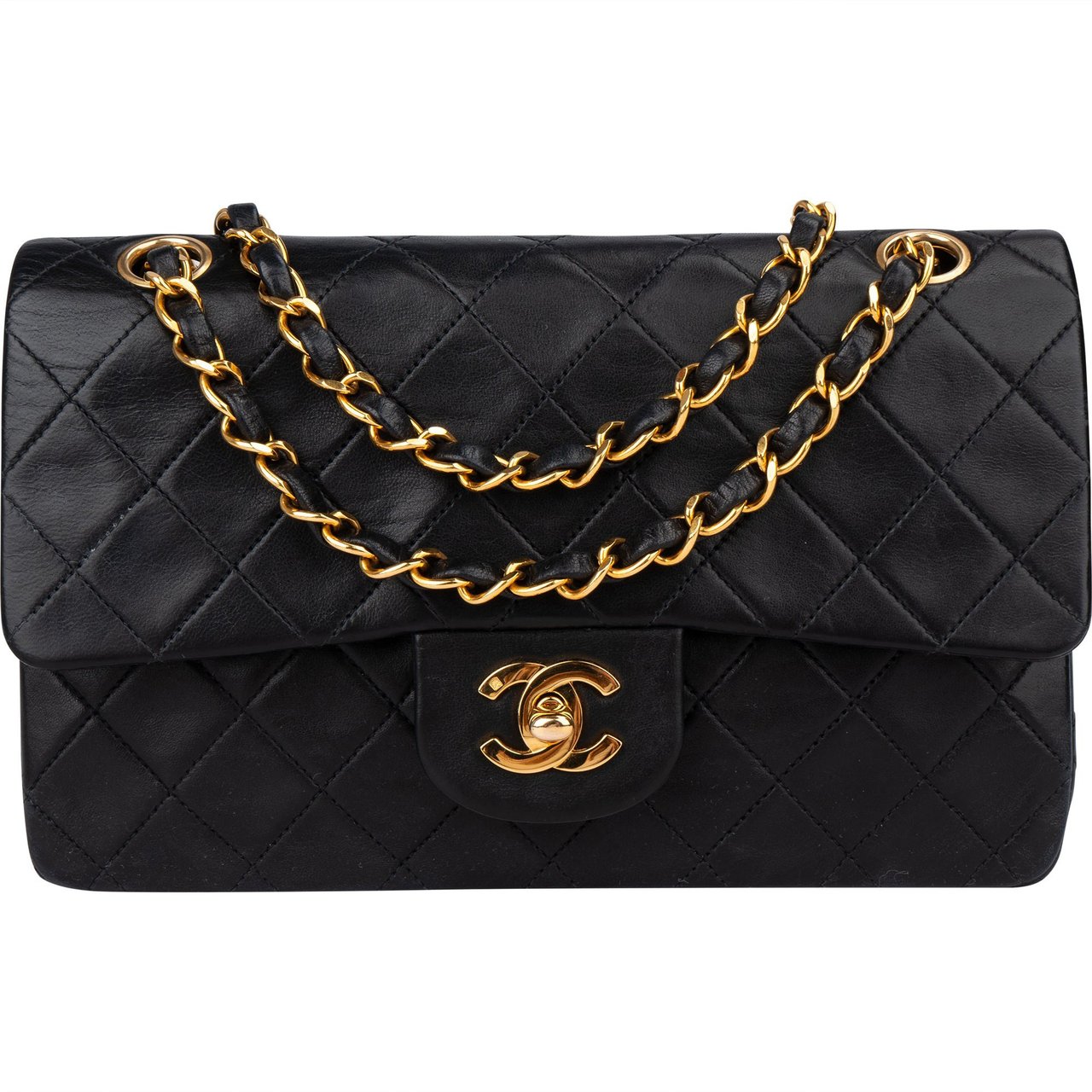 Chanel Chanel Quilted Lambskin 24K Gold Small Double Flap Crossbody Bag Zwart