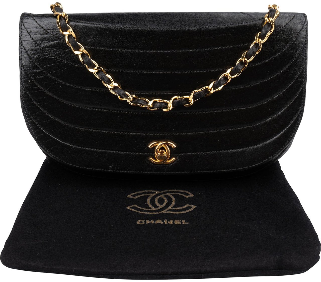 Chanel Quilted Lambskin Half Moon 24K Gold Single Flap Shoulder Bag Zwart