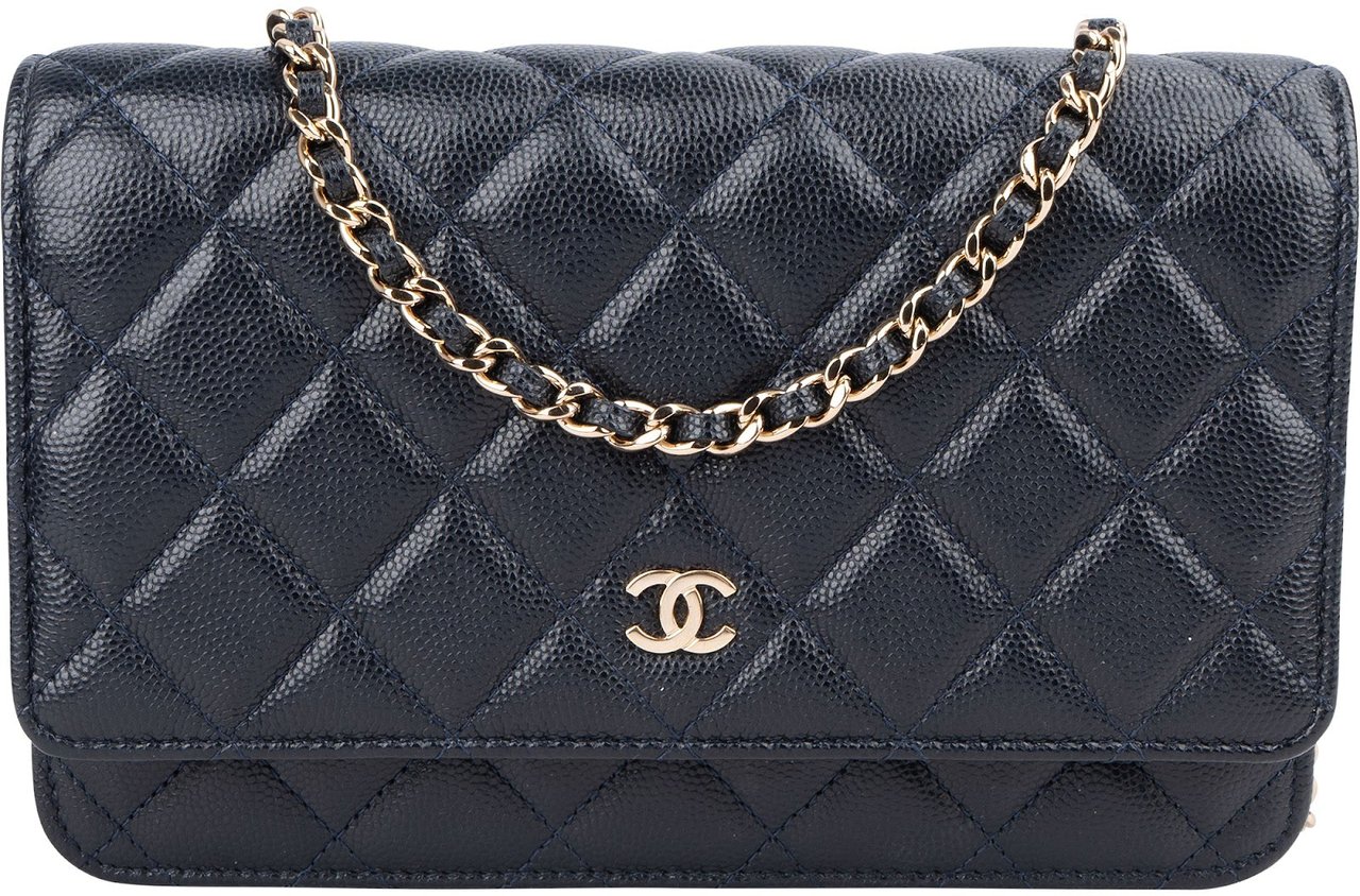 Chanel Dark Blue Quilted Caviar Leather Wallet On Chain Crossbody Bag Navy