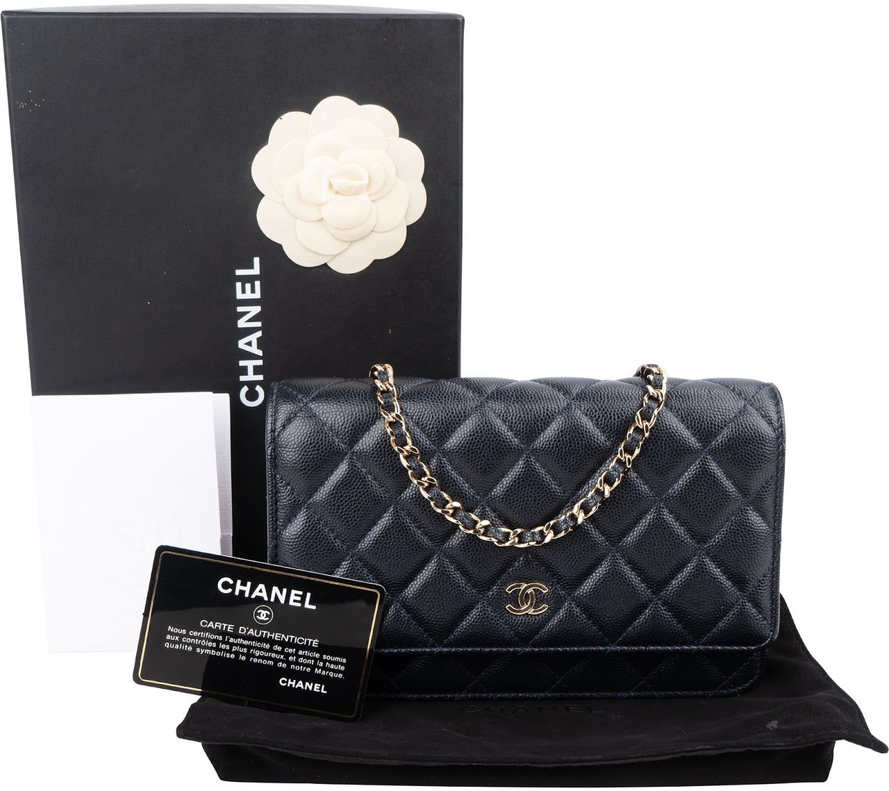 Chanel Dark Blue Quilted Caviar Leather Wallet On Chain Crossbody Bag Navy