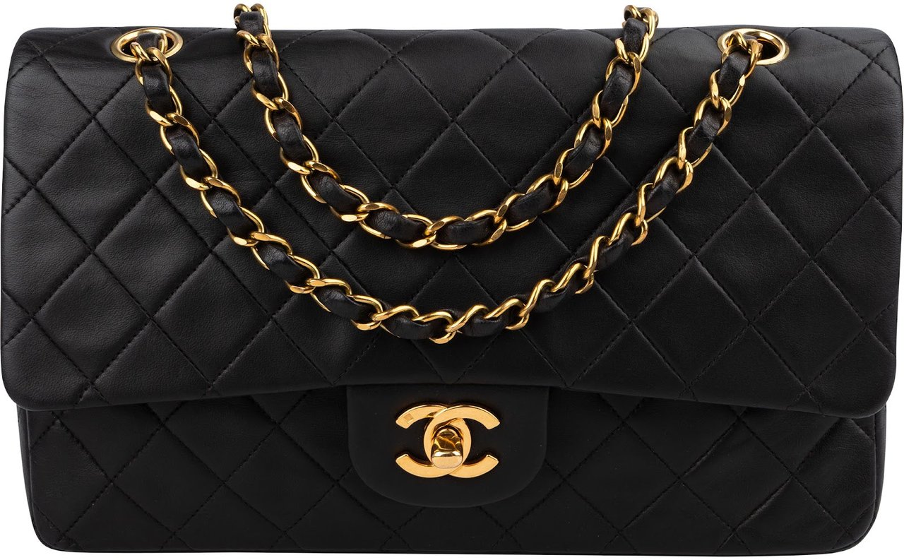 Chanel Quilted Lambskin 24K Gold Medium Double Flap Shoulder Bag Zwart