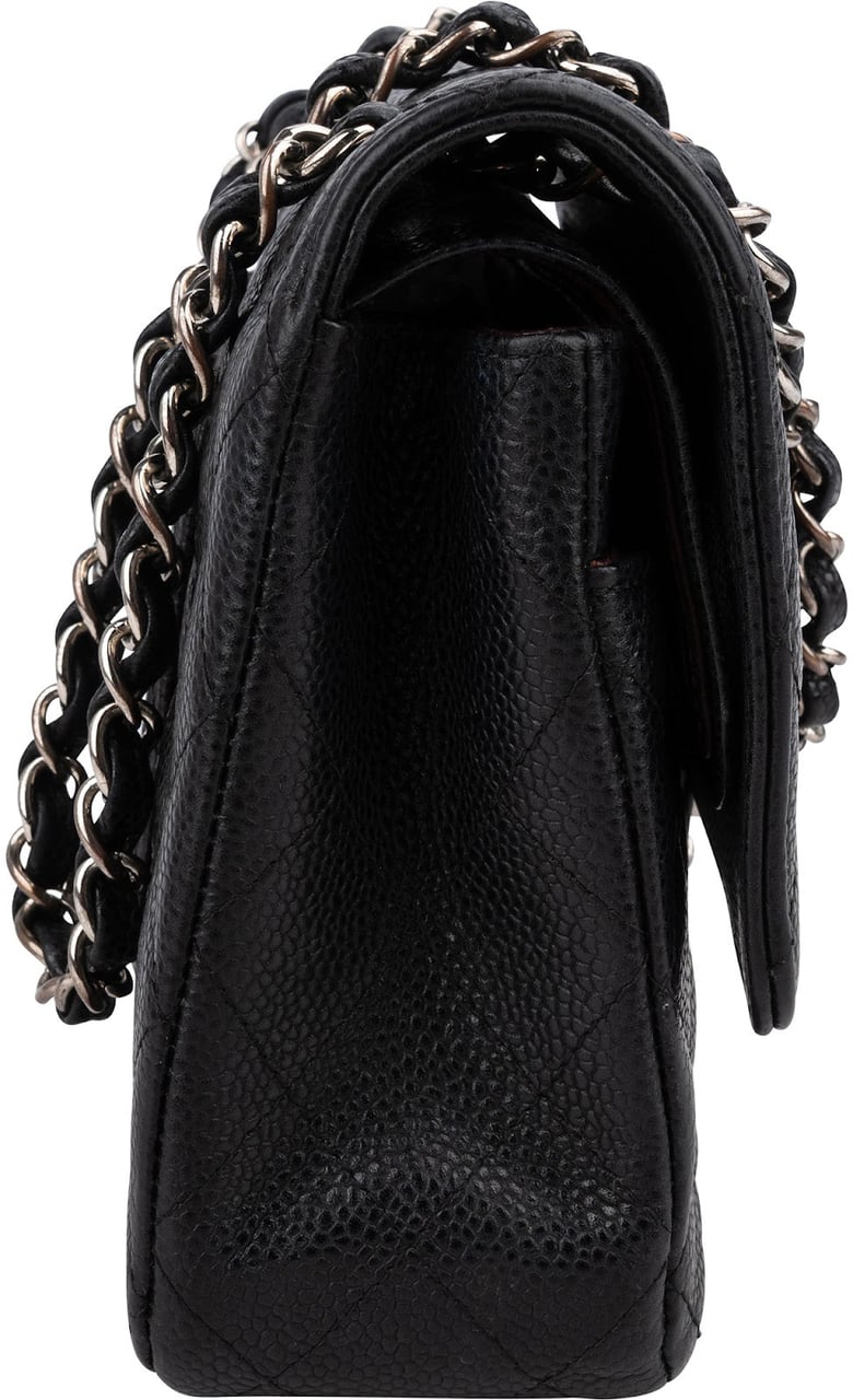 Chanel Quilted Caviar Leather Palladium Medium Double Flap Shoulder Bag Zwart