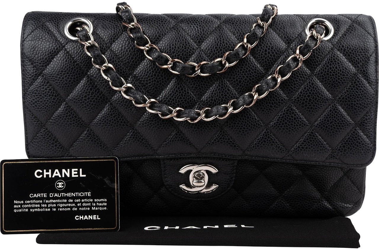 Chanel Quilted Caviar Leather Palladium Medium Double Flap Shoulder Bag Zwart