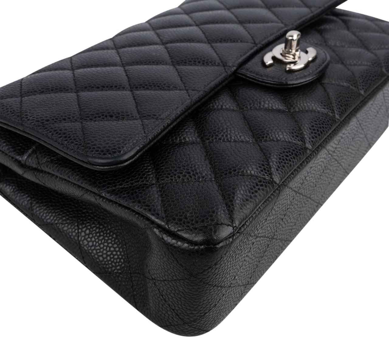 Chanel Quilted Caviar Leather Palladium Medium Double Flap Shoulder Bag Zwart