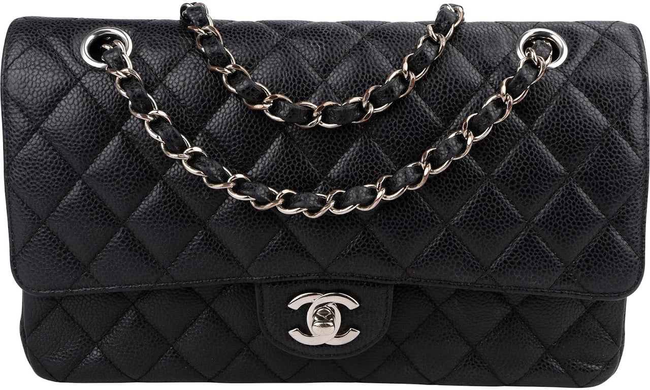 Chanel Quilted Caviar Leather Palladium Medium Double Flap Shoulder Bag Zwart