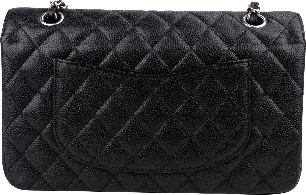 Chanel Quilted Caviar Leather Palladium Medium Double Flap Shoulder Bag Zwart