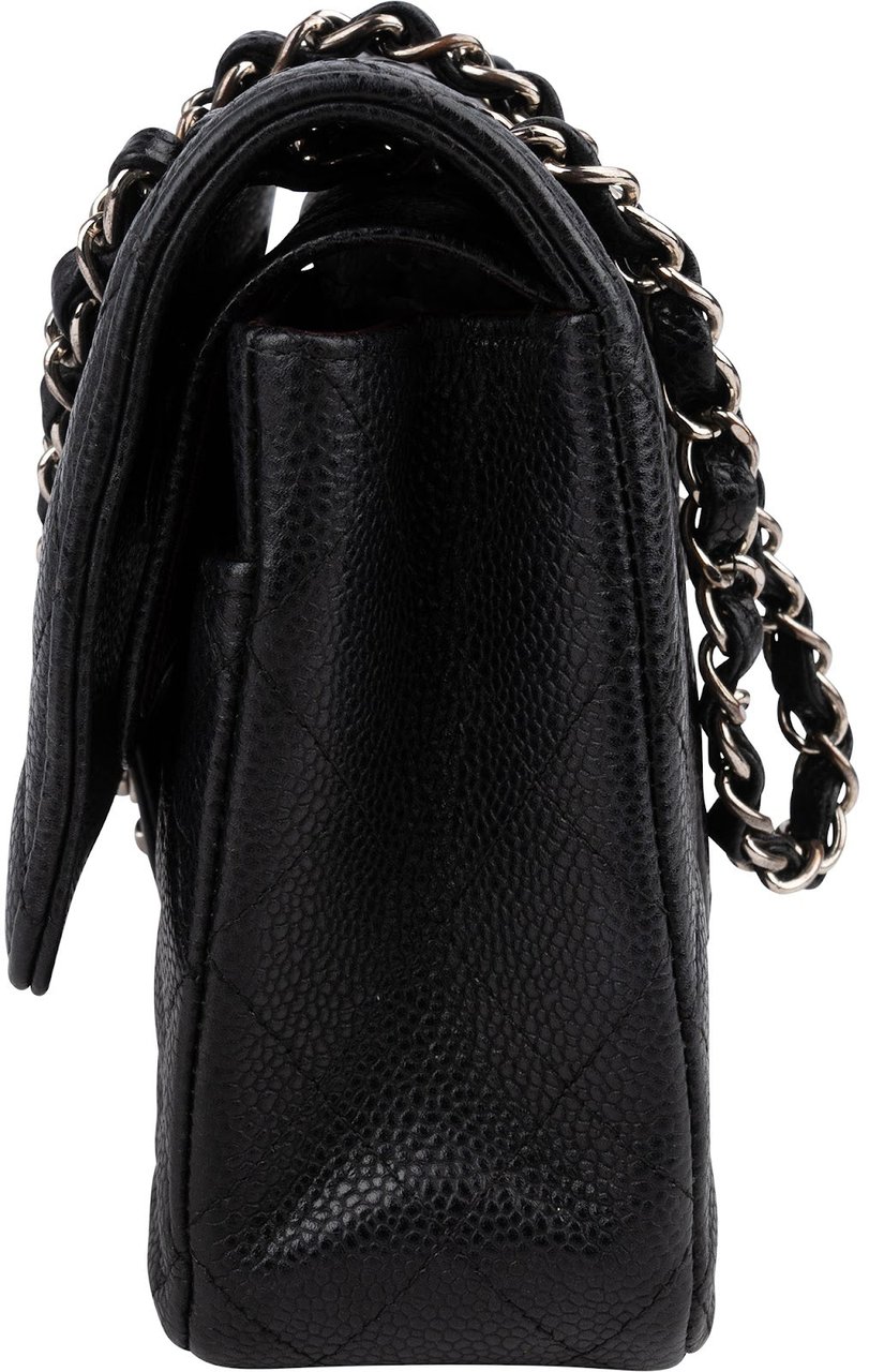 Chanel Quilted Caviar Leather Palladium Medium Double Flap Shoulder Bag Zwart
