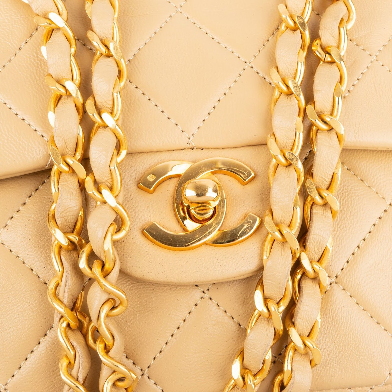Chanel Quilted Lambskin 24K Medium Gold Double Flap Shoulder Bag Beige