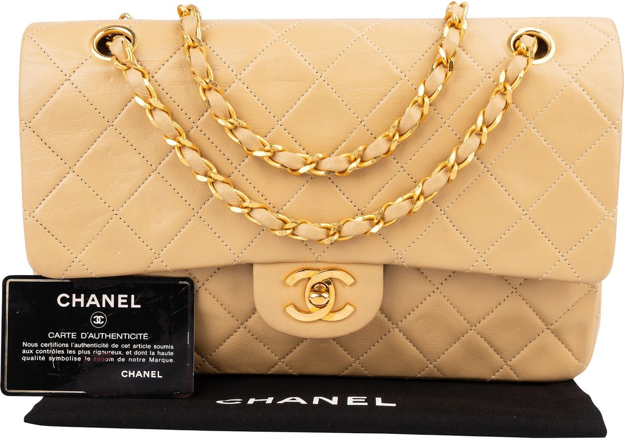 Chanel Quilted Lambskin 24K Medium Gold Double Flap Shoulder Bag Beige