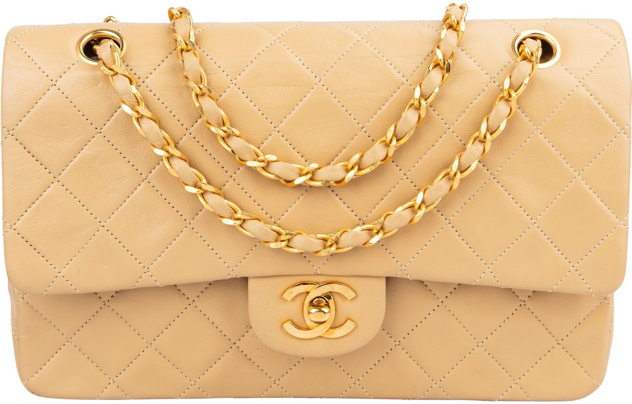 Chanel Quilted Lambskin 24K Medium Gold Double Flap Shoulder Bag Beige