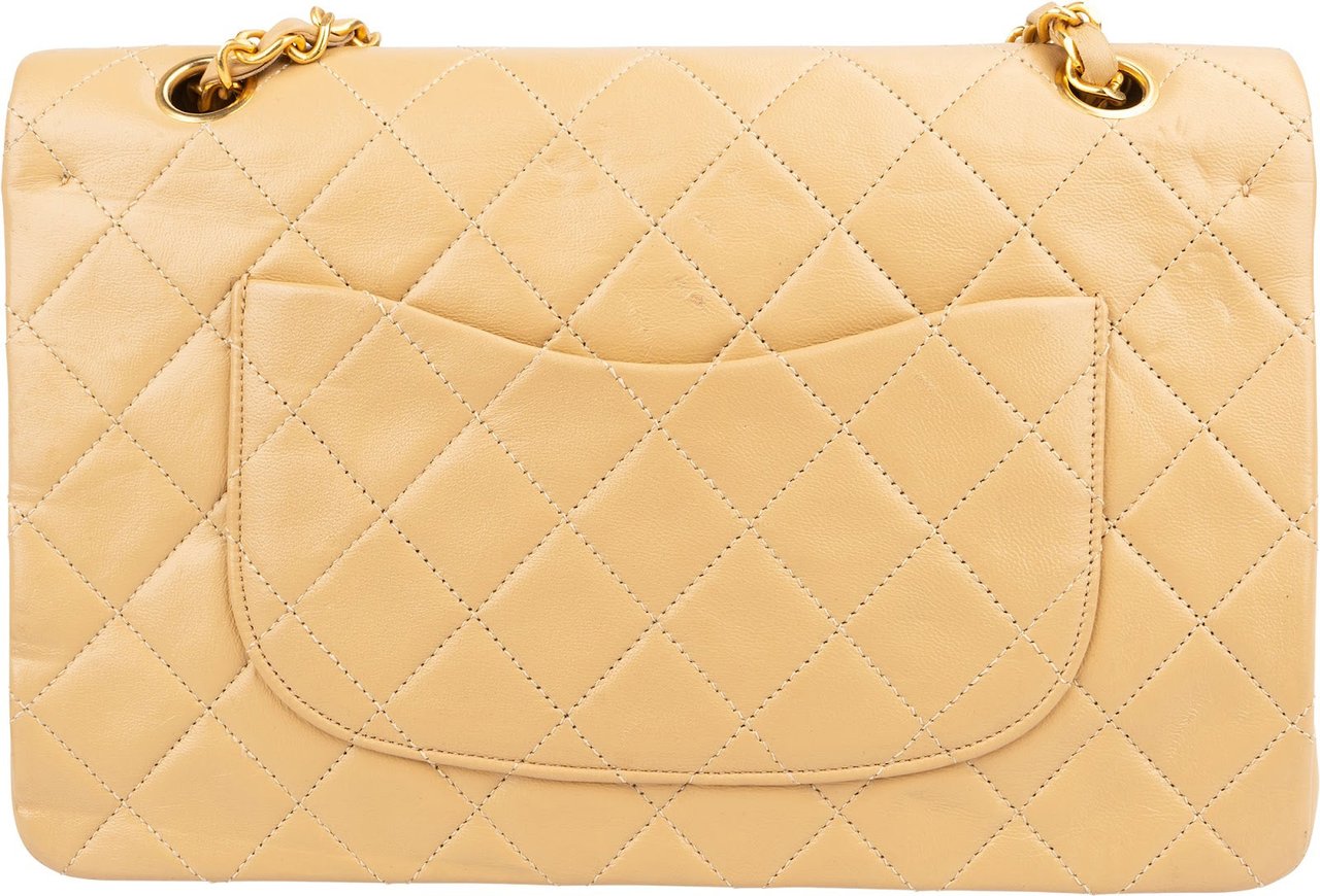 Chanel Quilted Lambskin 24K Medium Gold Double Flap Shoulder Bag Beige