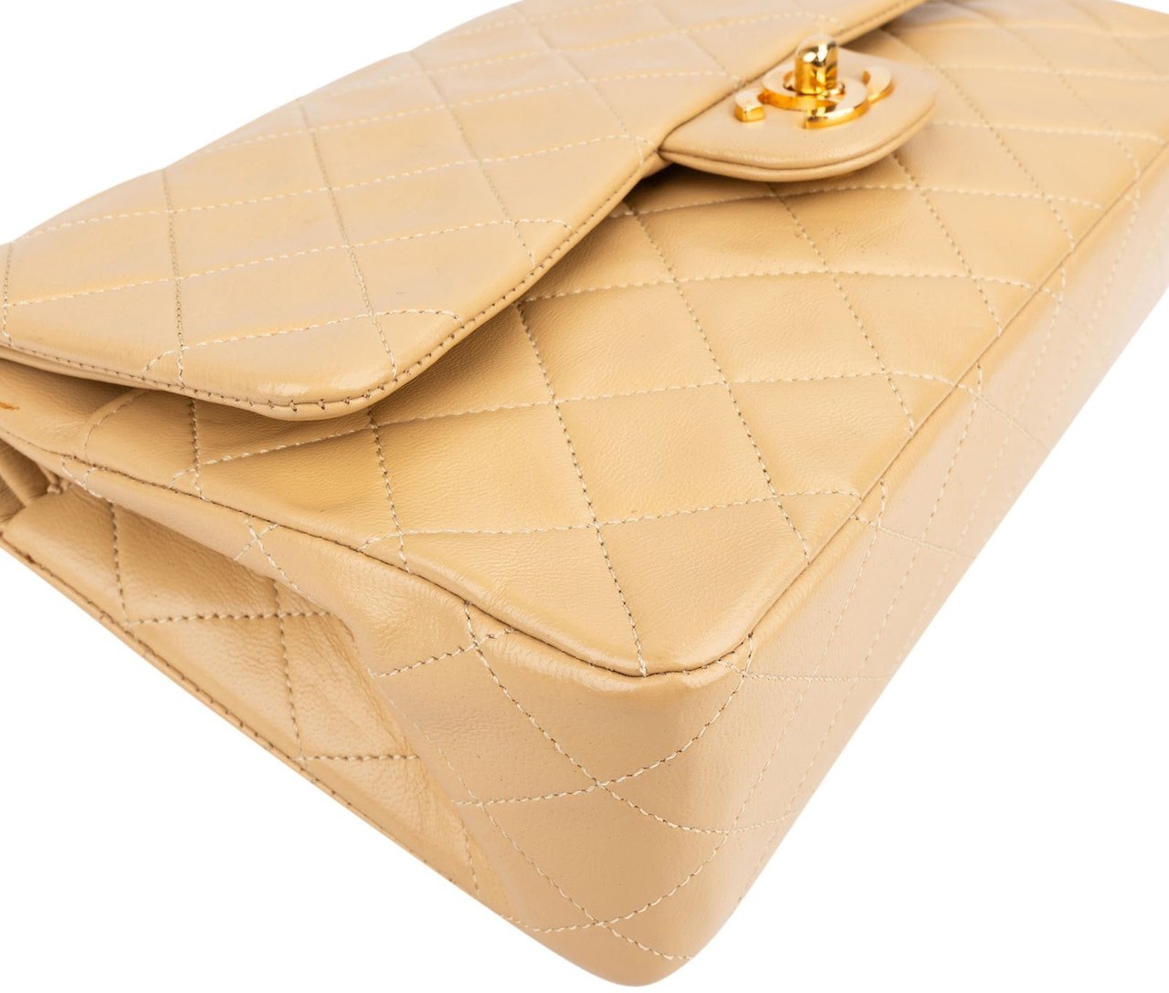 Chanel Quilted Lambskin 24K Medium Gold Double Flap Shoulder Bag Beige