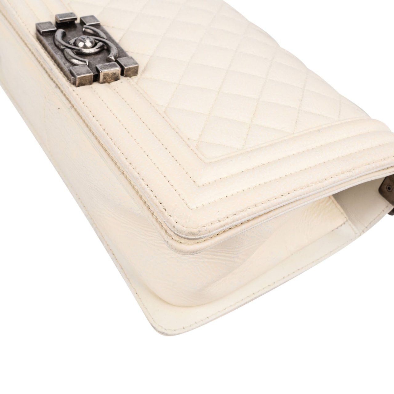 Chanel Quilted Patent Leather Medium Single Flap Boy Crossbody Bag Beige