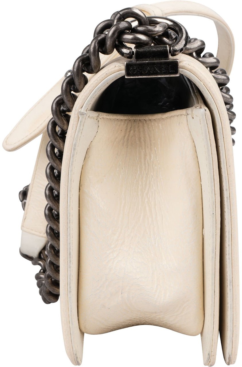 Chanel Quilted Patent Leather Medium Single Flap Boy Crossbody Bag Beige